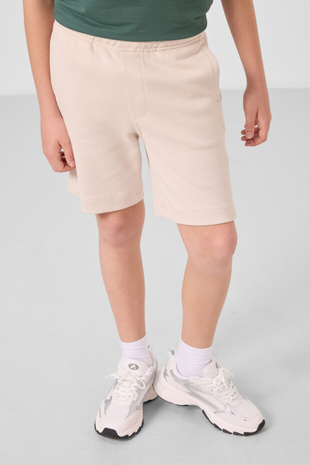 Bej Pamuklu Yumuşak Dokulu Standart Fit Basic Erkek Çocuk Şort - 11293 - 3