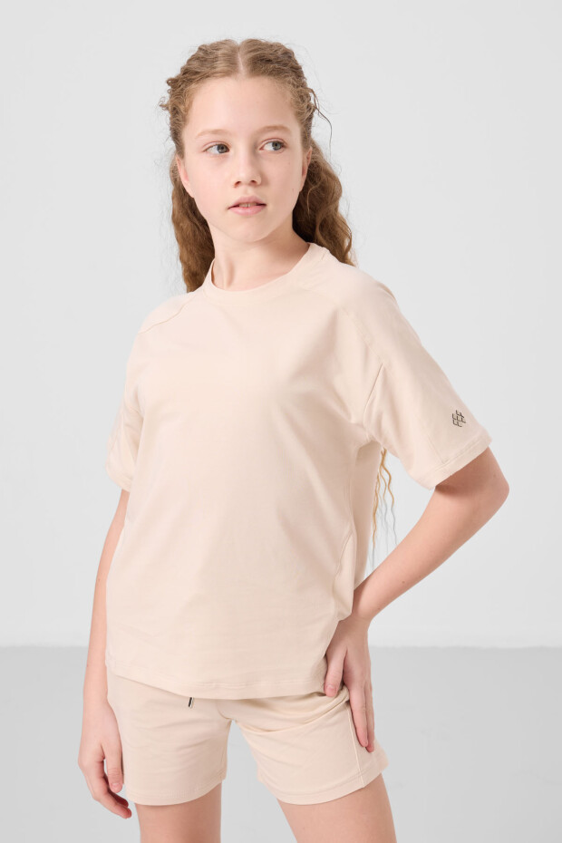 Bej Pamuklu Yumuşak Dokulu Standart Fit Basic Kız Çocuk Şort Takım - 75184 - 5
