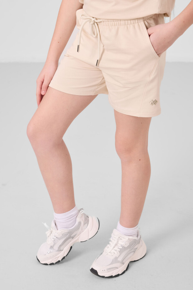 Bej Pamuklu Yumuşak Dokulu Standart Fit Basic Kız Çocuk Şort Takım - 75184 - 4
