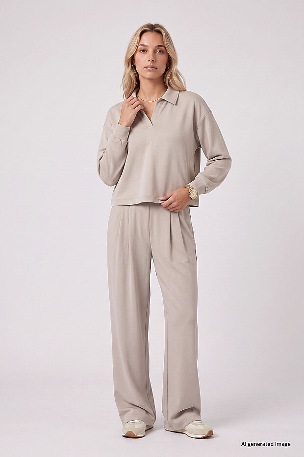 Bej Polo Yaka Rahat Form Geniş Paça Kadın Eşofman Takım - 95358 - 1
