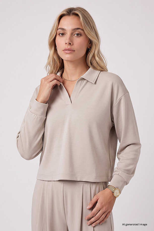 Bej Polo Yaka Rahat Form Geniş Paça Kadın Eşofman Takım - 95358 - 4
