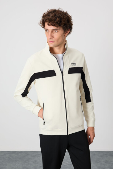 Bej-Siyah Yüzeyi Dokulu Standart Fit Nakışlı Erkek Eşofman Takım - 85248 - Air Jones (1)