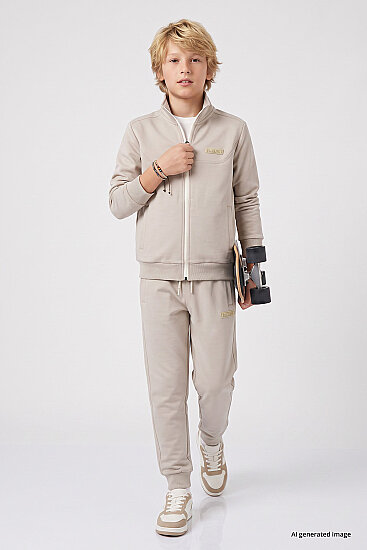 Bej Standart Fit Basic Dik Yaka Jogger Erkek Çocuk Eşofman Takım - 11327 