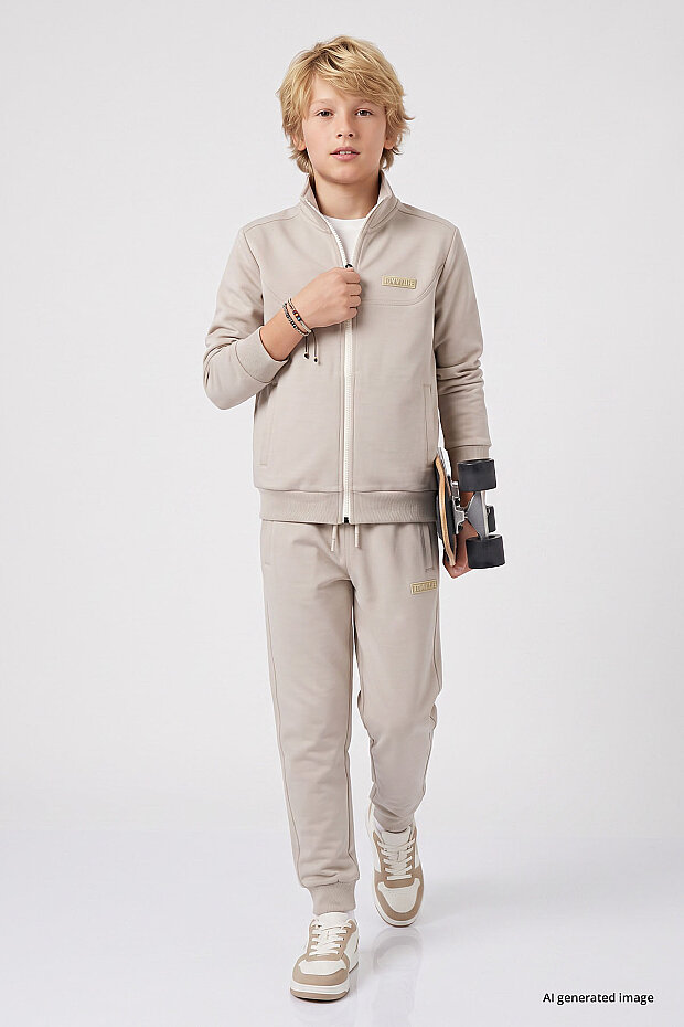 Bej Standart Fit Basic Dik Yaka Jogger Erkek Çocuk Eşofman Takım - 11327 - 1