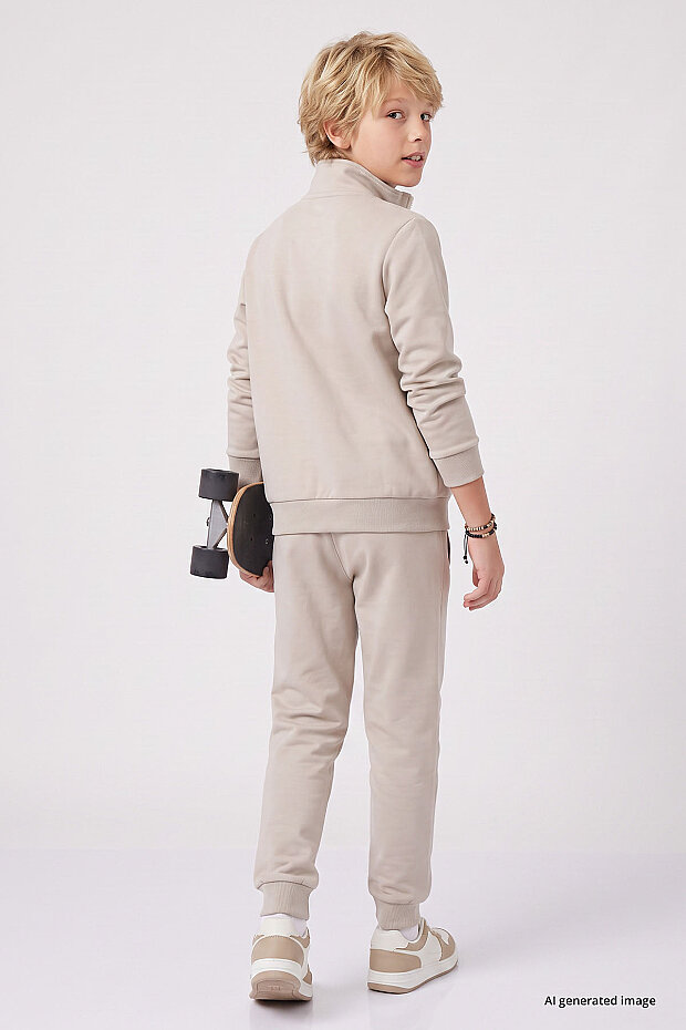 Bej Standart Fit Basic Dik Yaka Jogger Erkek Çocuk Eşofman Takım - 11327 - 5