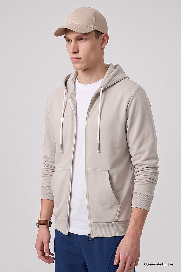 Bej Standart Kalıp Basic Fermuarlı Erkek Sweatshirt - 88514 - 1