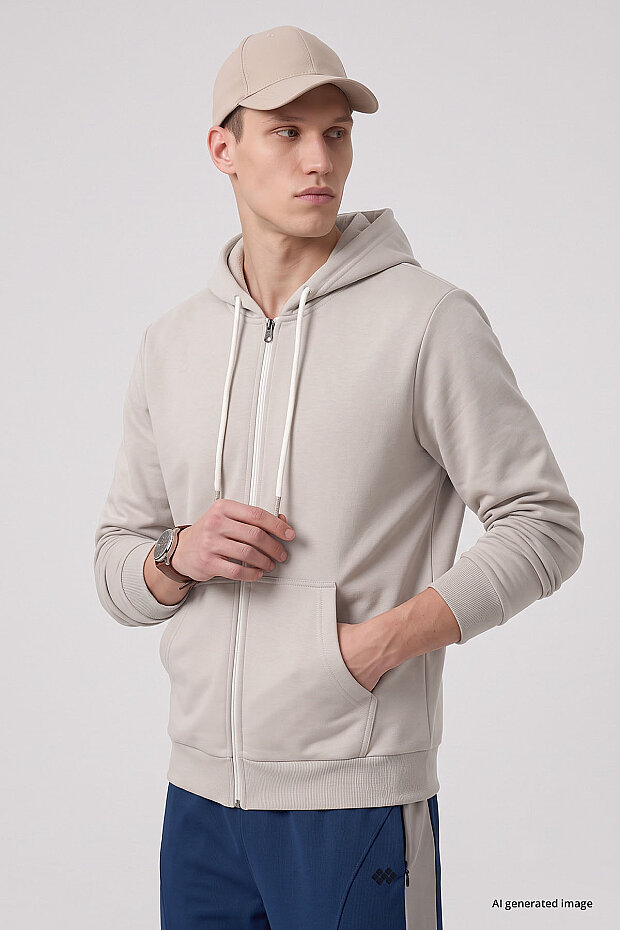 Bej Standart Kalıp Basic Fermuarlı Erkek Sweatshirt - 88514 - 2