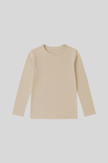 Bej O Yaka Standart Fit Basic Uzun Kollu Unisex Çocuk T-Shirt - 11329 