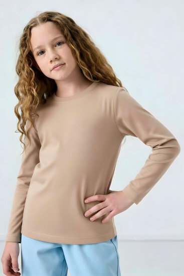 Bej O Yaka Standart Fit Basic Uzun Kollu Unisex Çocuk T-Shirt - 11329 - TOMMYLIFE (1)