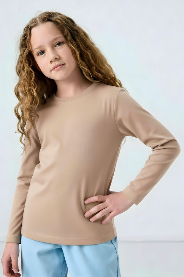 Bej O Yaka Standart Fit Basic Uzun Kollu Unisex Çocuk T-Shirt - 11329 - 2