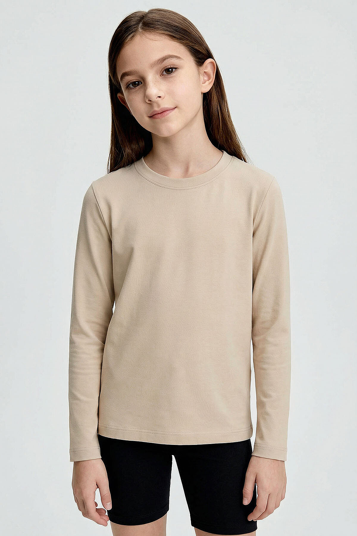 Bej O Yaka Standart Fit Basic Uzun Kollu Unisex Çocuk T-Shirt - 11329 - TOMMYLIFE