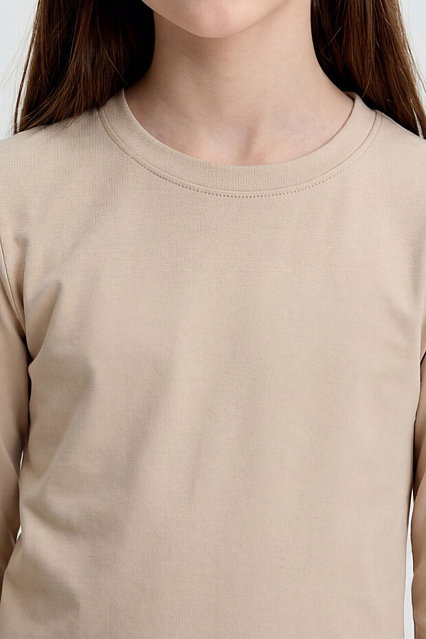 Bej O Yaka Standart Fit Basic Uzun Kollu Unisex Çocuk T-Shirt - 11329 - 5