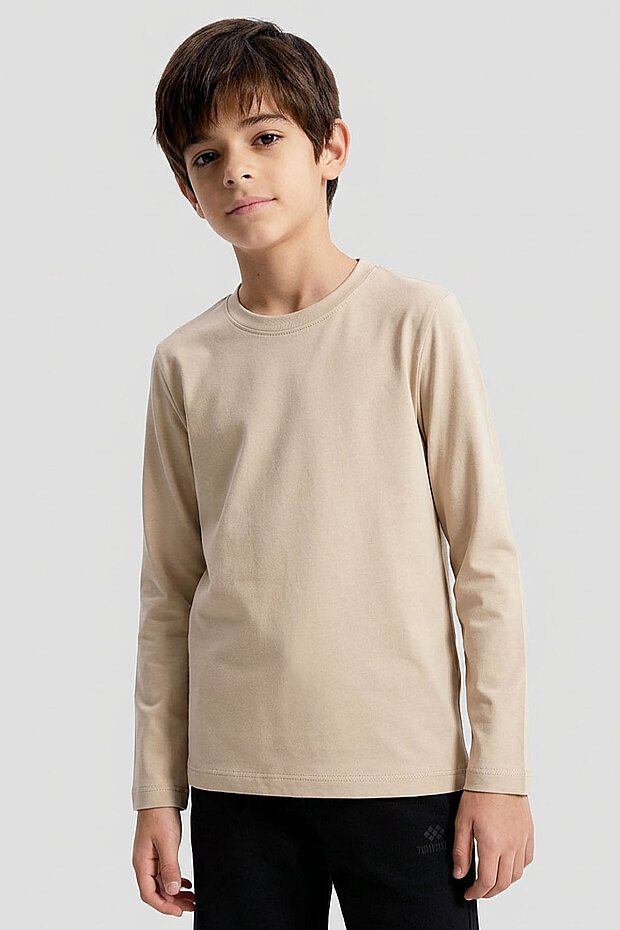 Bej O Yaka Standart Fit Basic Uzun Kollu Unisex Çocuk T-Shirt - 11329 - 3
