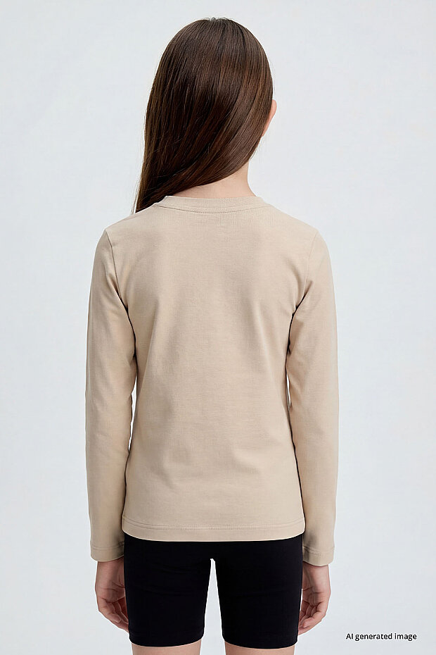 Bej O Yaka Standart Fit Basic Uzun Kollu Unisex Çocuk T-Shirt - 11329 - 6