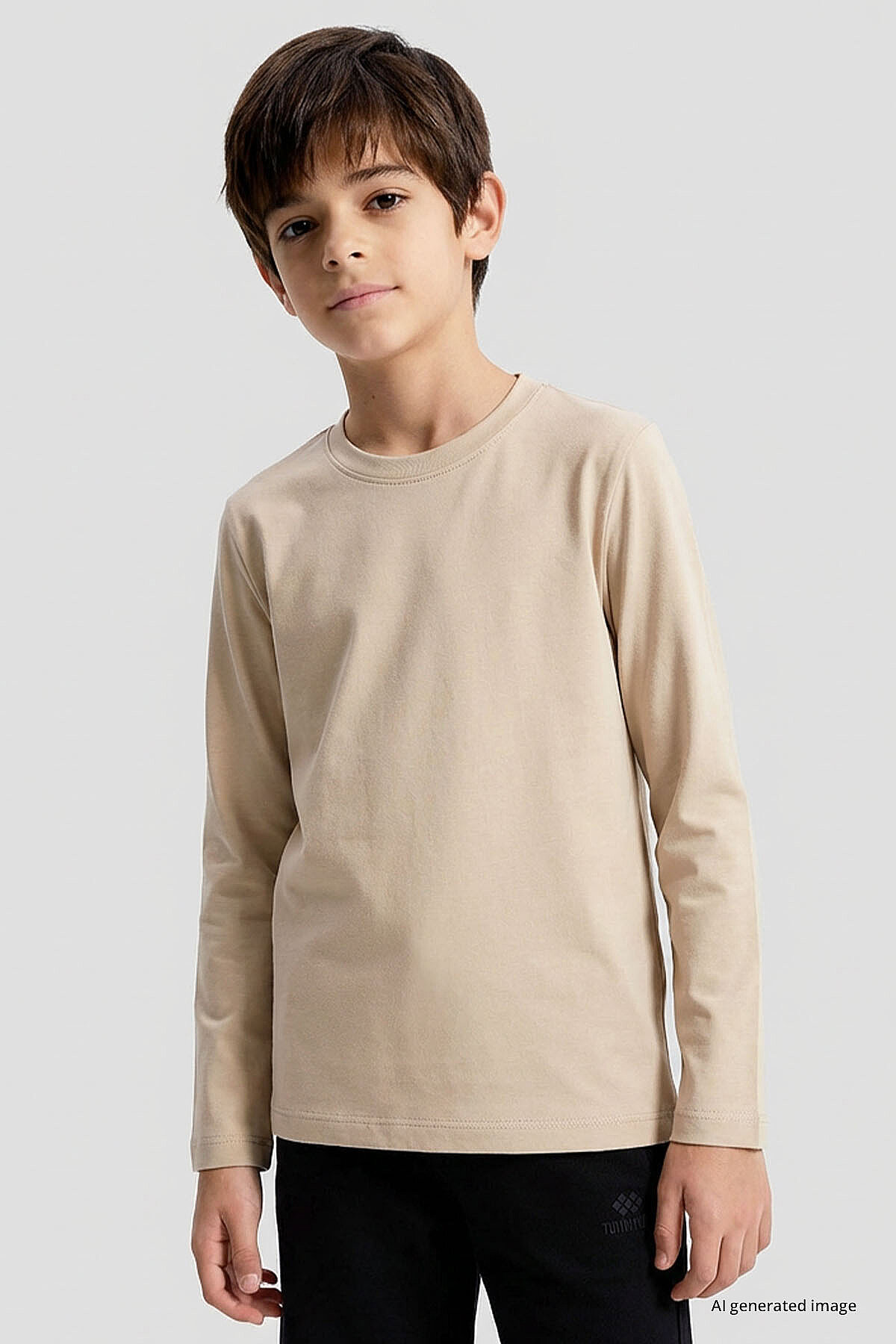 Bej O Yaka Standart Fit Basic Uzun Kollu Unisex Çocuk T-Shirt - 11329 - TOMMYLIFE (1)