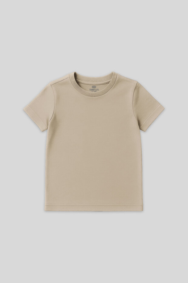 Bej O Yaka Standart Fit Basic Unisex Çocuk T-Shirt - 11328 - 1