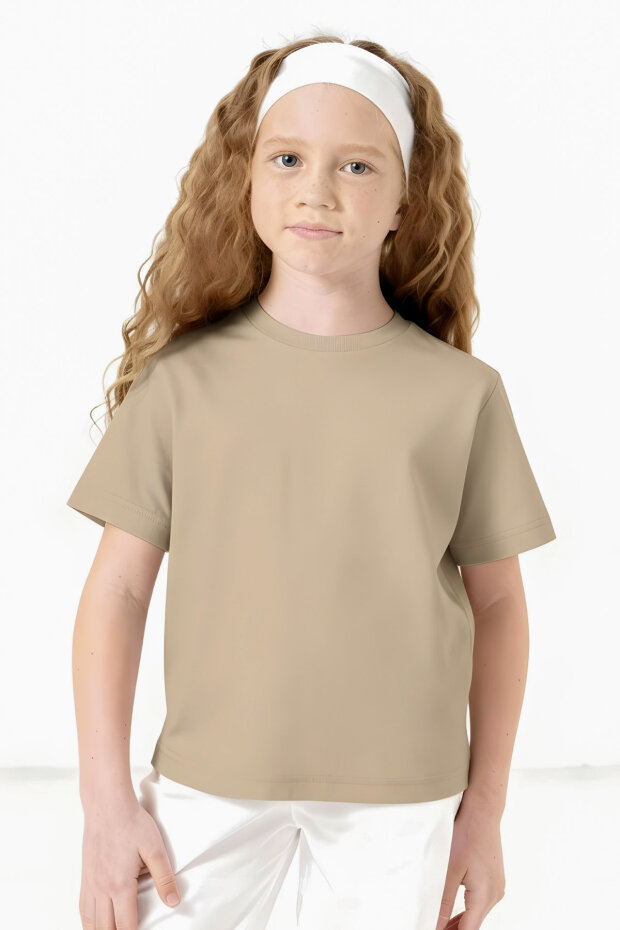 Bej O Yaka Standart Fit Basic Unisex Çocuk T-Shirt - 11328 - 2