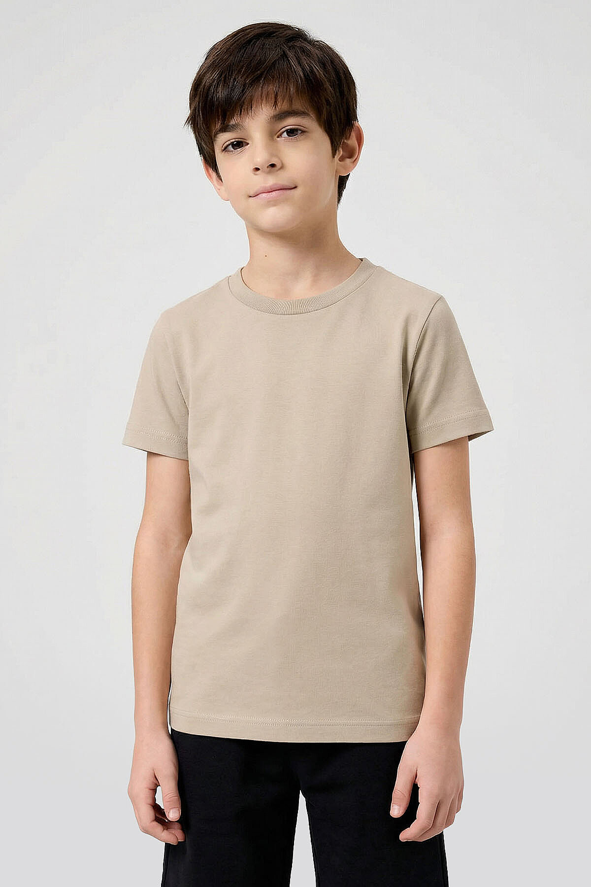 Bej O Yaka Standart Fit Basic Unisex Çocuk T-Shirt - 11328 - TOMMYLIFE (1)