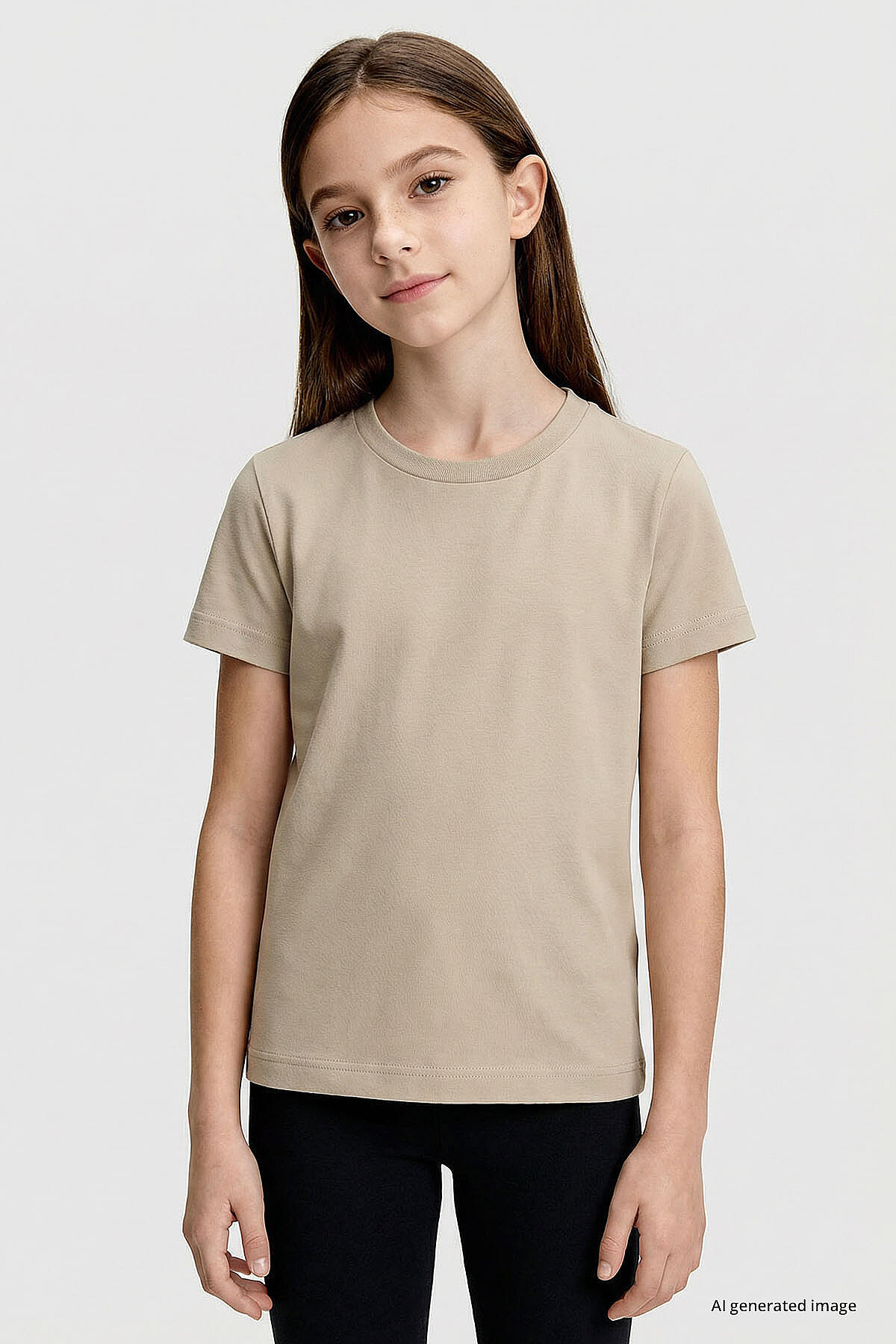 Bej O Yaka Standart Fit Basic Unisex Çocuk T-Shirt - 11328 - TOMMYLIFE (1)