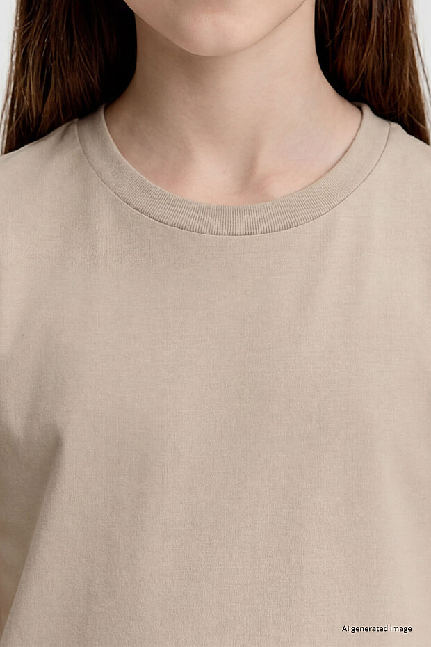 Bej O Yaka Standart Fit Basic Unisex Çocuk T-Shirt - 11328 - 4