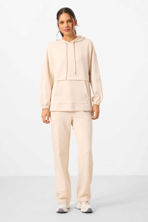 Bej Yumuşak Dokulu Kapüşonlu Oversize Kadın Eşofman Tunik Takım - 95348 - 4