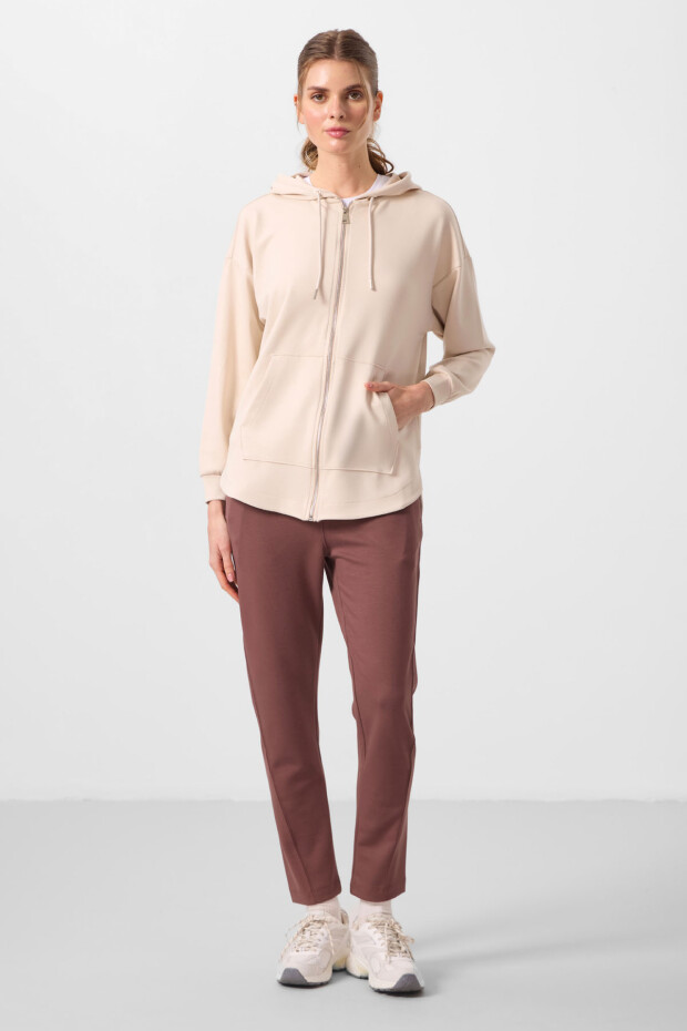 Bej Yumuşak Dokulu Kapüşonlu Standart Kalıp Kadın Tunik Sweatshirt - 97302 - 2