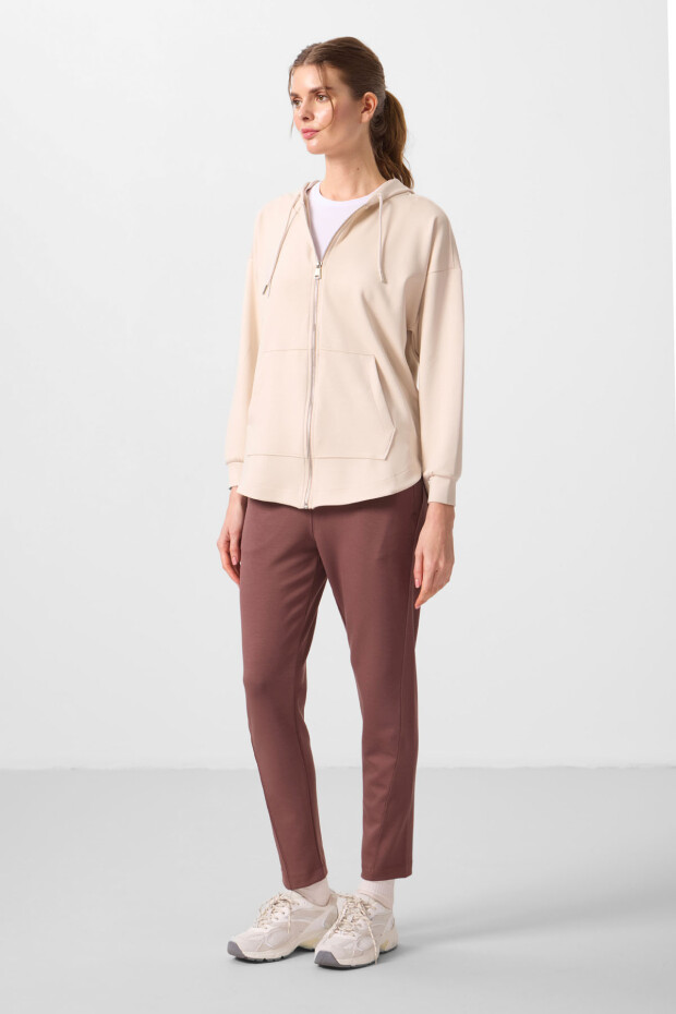 Bej Yumuşak Dokulu Kapüşonlu Standart Kalıp Kadın Tunik Sweatshirt - 97302 - 4