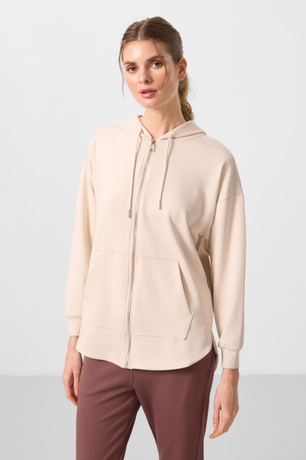Bej Yumuşak Dokulu Kapüşonlu Standart Kalıp Kadın Tunik Sweatshirt - 97302 - 5