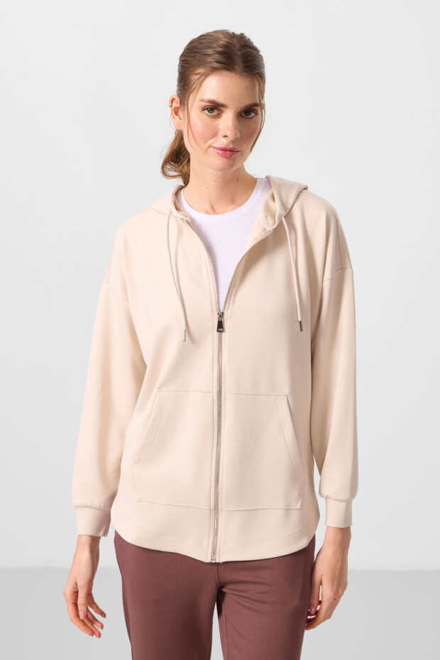 Bej Yumuşak Dokulu Kapüşonlu Standart Kalıp Kadın Tunik Sweatshirt - 97302 - 1