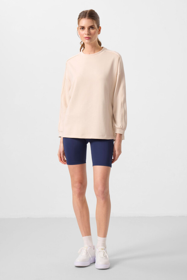 Bej Yumuşak Dokulu O Yaka Oversize Kadın Tunik Sweatshirt - 97303 - 2