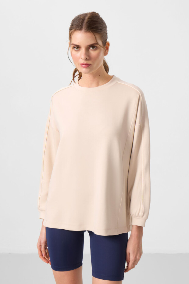 Bej Yumuşak Dokulu O Yaka Oversize Kadın Tunik Sweatshirt - 97303 - 1