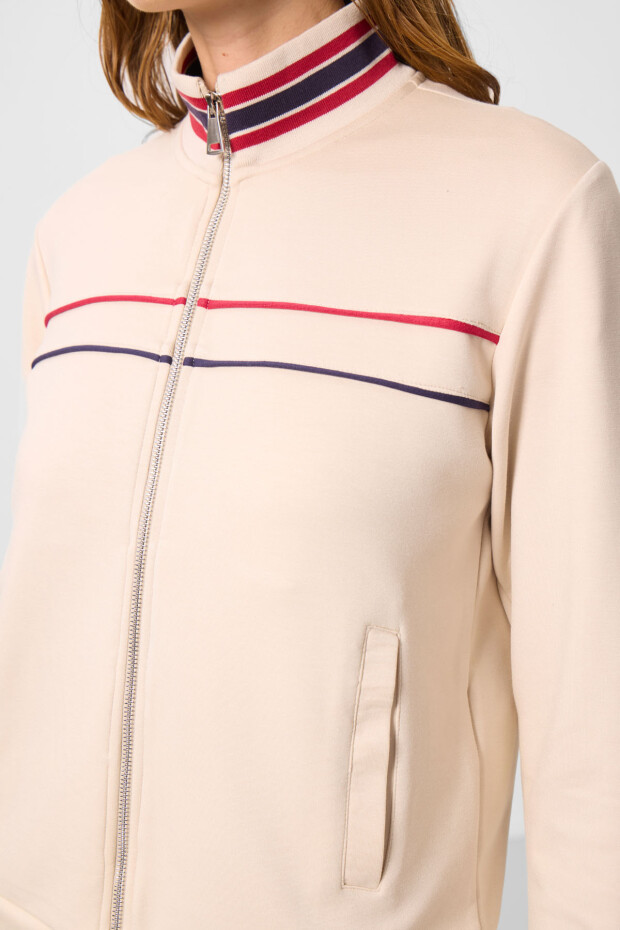 Bej Yumuşak Dokulu Triko Dik Yaka Oversize Kadın Eşofman Takım - 95350 - 4