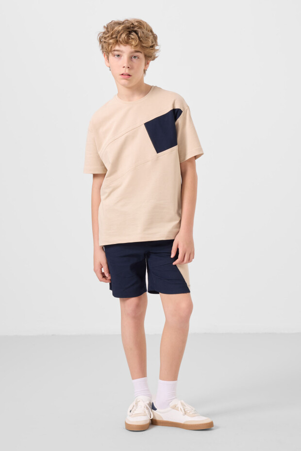 Bej-Lacivert Pamuklu Oversize Fit Dokuma Hafif Esnek Chino Erkek Çocuk Şort Takım - 11275 - 1