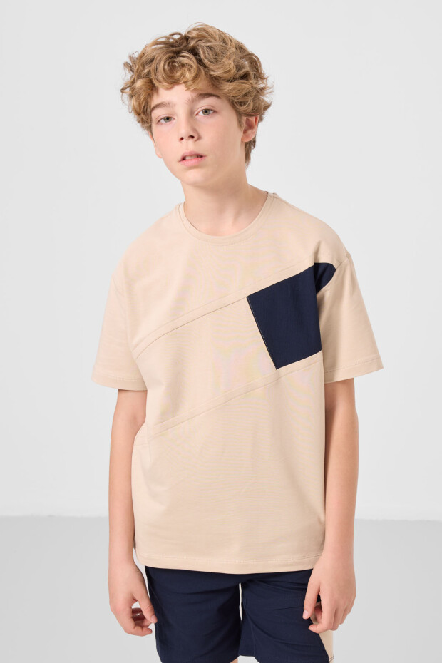 Bej-Lacivert Pamuklu Oversize Fit Dokuma Hafif Esnek Chino Erkek Çocuk Şort Takım - 11275 - 4
