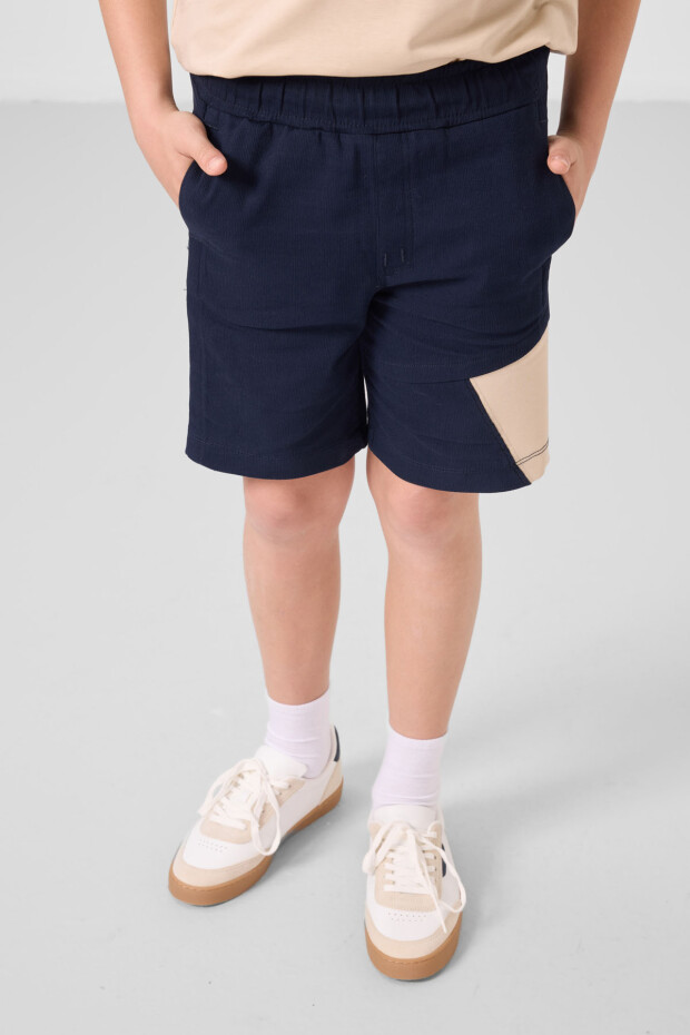 Bej-Lacivert Pamuklu Oversize Fit Dokuma Hafif Esnek Chino Erkek Çocuk Şort Takım - 11275 - 5