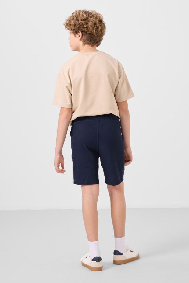 Bej-Lacivert Pamuklu Oversize Fit Dokuma Hafif Esnek Chino Erkek Çocuk Şort Takım - 11275 - 7