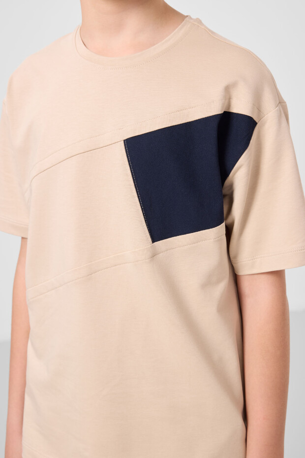 Bej-Lacivert Pamuklu Oversize Fit Dokuma Hafif Esnek Chino Erkek Çocuk Şort Takım - 11275 - 6