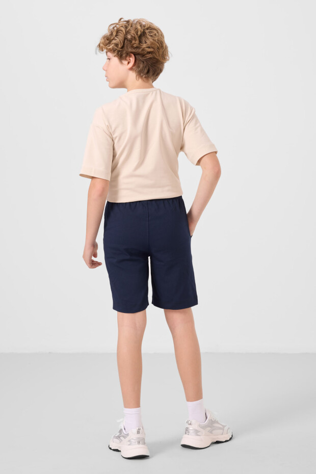 Bej-Lacivert Pamuklu Oversize Fit Dokuma Hafif Esnek Chino Erkek Çocuk Şort Takım - 11277 - 7