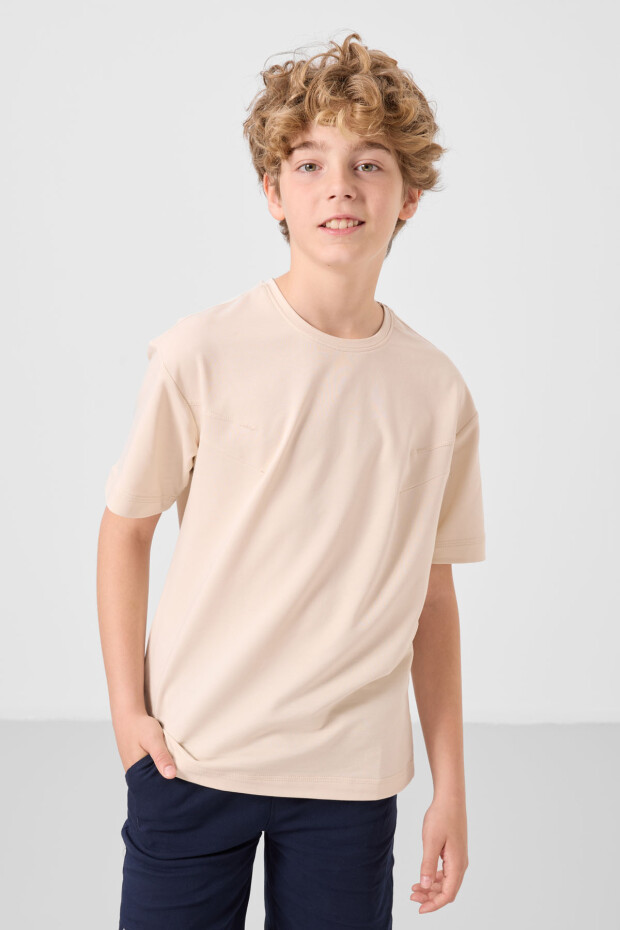 Bej-Lacivert Pamuklu Oversize Fit Dokuma Hafif Esnek Chino Erkek Çocuk Şort Takım - 11277 - 3