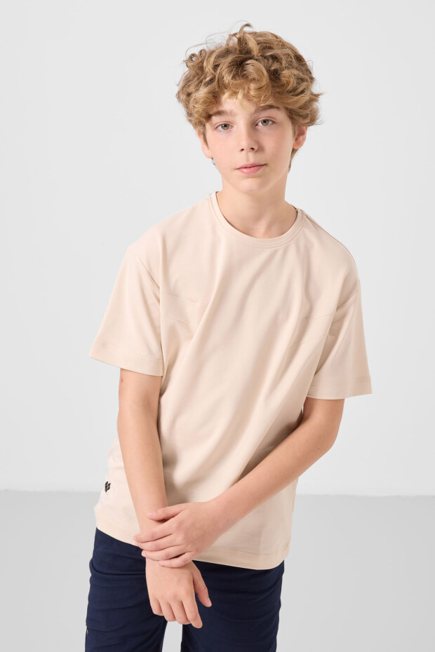 Bej-Lacivert Pamuklu Oversize Fit Dokuma Hafif Esnek Chino Erkek Çocuk Şort Takım - 11277 - 5