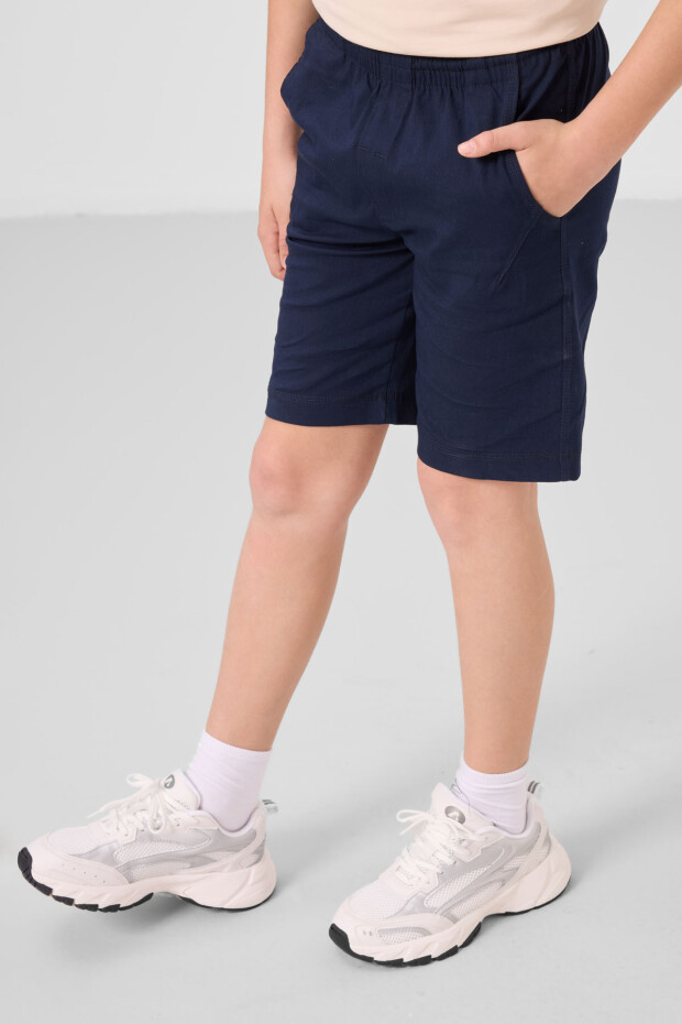 Bej-Lacivert Pamuklu Oversize Fit Dokuma Hafif Esnek Chino Erkek Çocuk Şort Takım - 11277 - 2