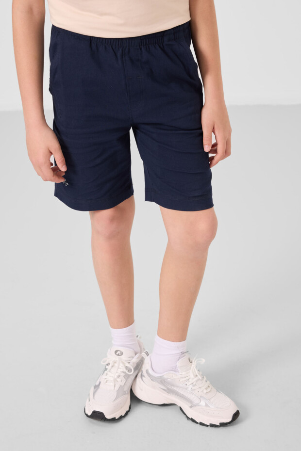 Bej-Lacivert Pamuklu Oversize Fit Dokuma Hafif Esnek Chino Erkek Çocuk Şort Takım - 11277 - 4
