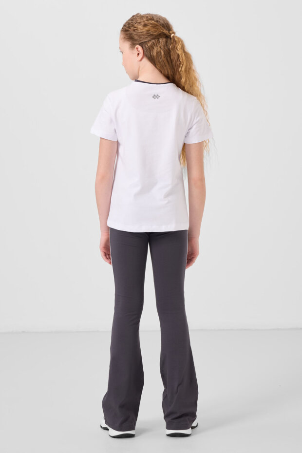 Beyaz-Antrasit Pamuklu O Yaka Standart Fit Basic İspanyol Paça Kız Çocuk Tayt Takım - 75192 - 6