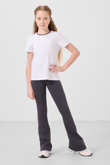 Beyaz-Antrasit Pamuklu O Yaka Standart Fit Basic İspanyol Paça Kız Çocuk Tayt Takım - 75192 