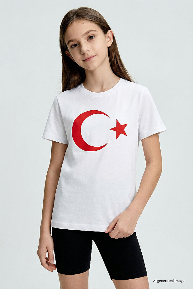 Beyaz Ay Yıldız Baskılı Unisex Çocuk T-Shirt - 11333 - 3