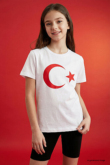 Beyaz Ay Yıldız Baskılı Unisex Çocuk T-Shirt - 11333 
