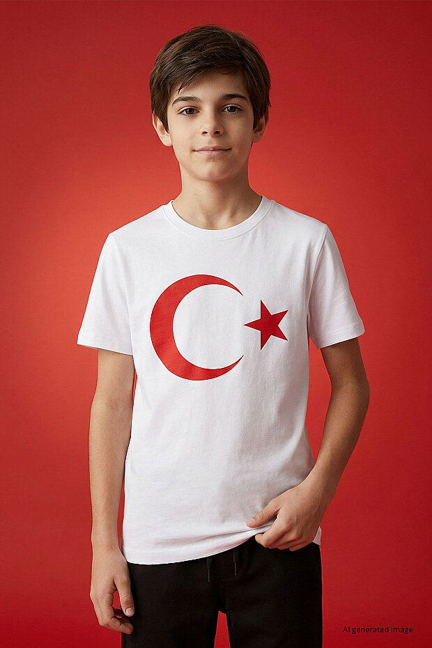 Beyaz Ay Yıldız Baskılı Unisex Çocuk T-Shirt - 11333 - 4
