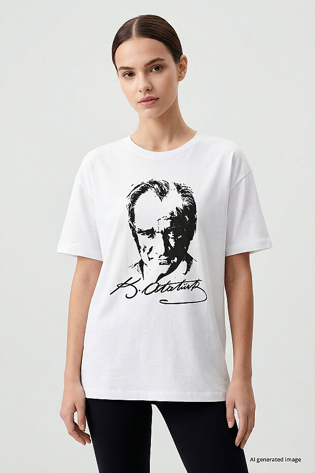 Beyaz Ay Yıldız Baskılı Unisex T-Shirt - 88510 - 3