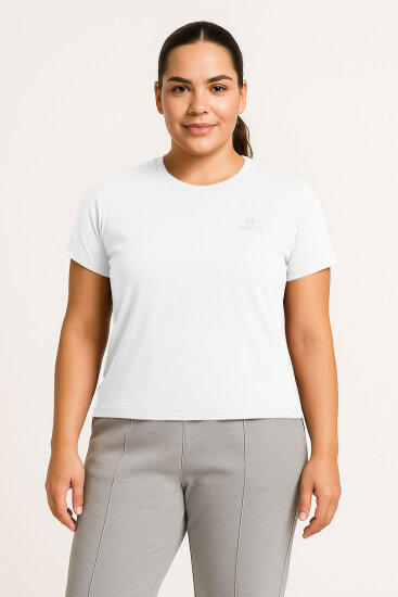 Beyaz Baskılı O Yaka Rahat Form Battal Büyük Beden Kadın T-Shirt - 97308 