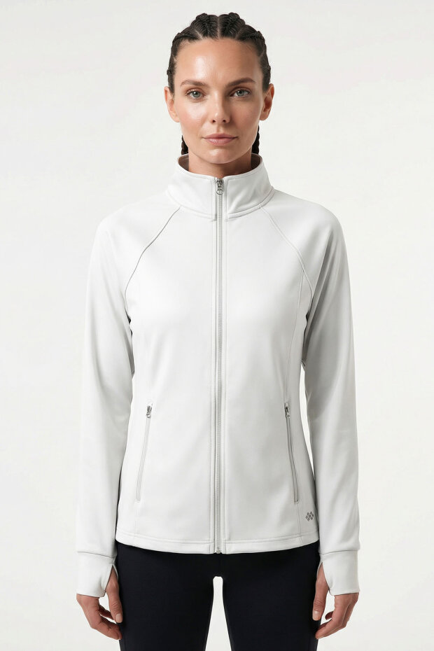Beyaz Fermuarlı Dik Yaka Basic Rahat Form Kadın Koşu Ceketi - 97310 - 2